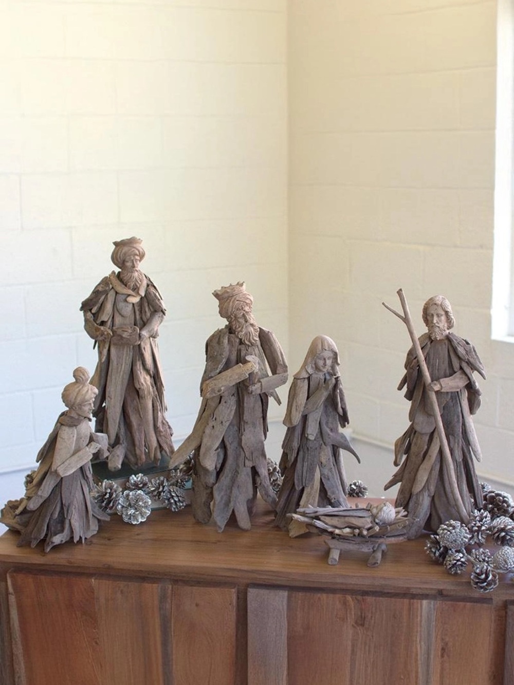 NIB Beautiful Handcrafted Driftwood Nativity 6-Piece Set - Natural Brown